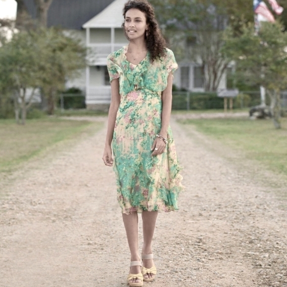 Sundance Watercolor Floral Silk Ruffle Midi Elysian Garden Dress 2P - Picture 1 of 5